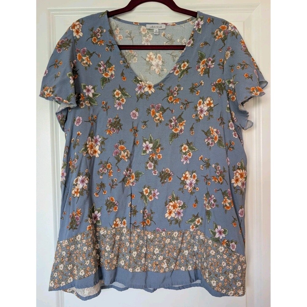 White Birch Women's 2XL XXL Cottagecore Blue Floral Ruffle Sleeve V-Neck Shirt